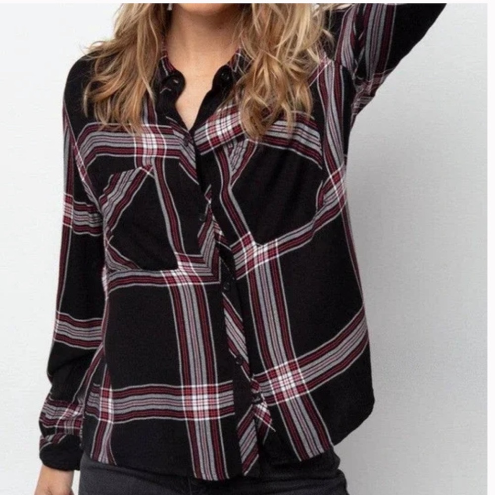 Rails Hunter Plaid Jet White Ruby Button Down Flannel Shirt‎ Single Chest Pocket